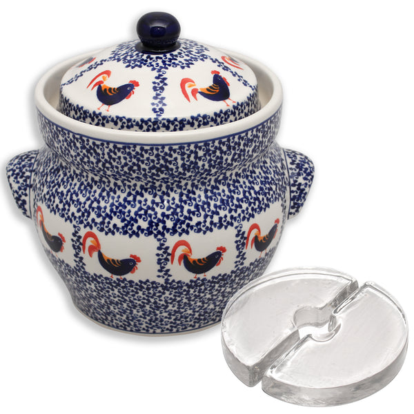 Boleslawiec Polish Decorated Fermenting Crock - 3L with Weights, Rooster or Flower